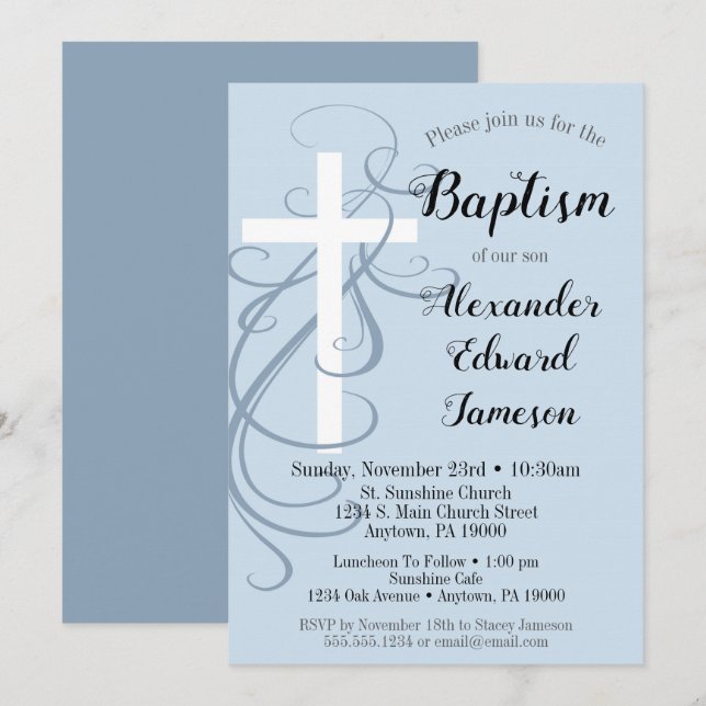 Blue Swirl Cross Baptism Invitation Boy's (Front/Back)