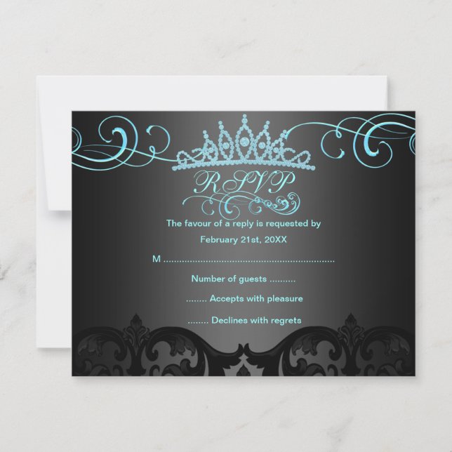 Blue Swirl Damask Birthday RSVP Card (Front)