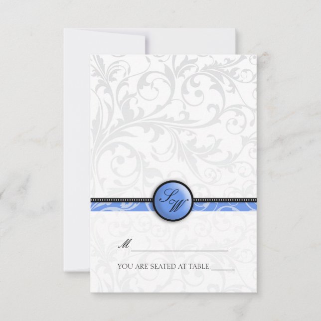 Blue Swirl Monogram Folding Tent  Place Card (Front)
