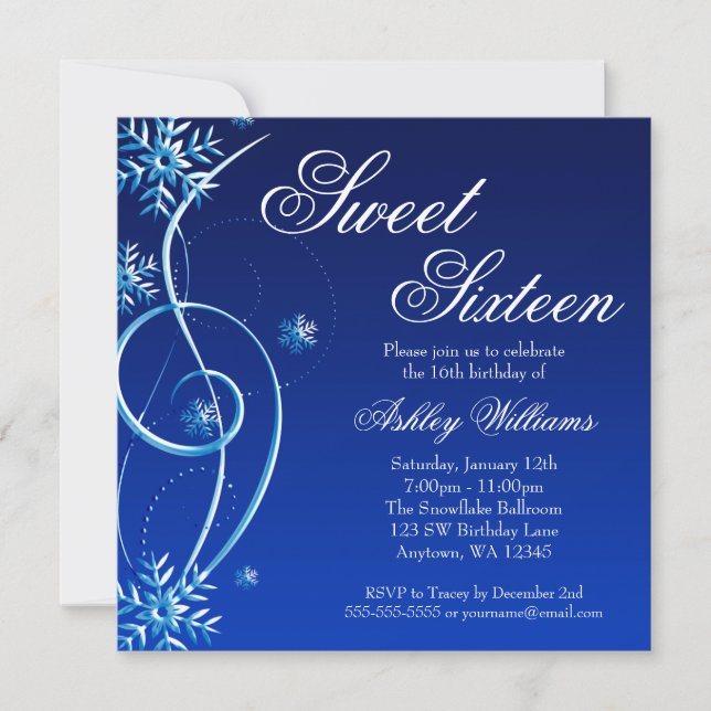 Blue Swirl Winter Wonderland Sweet 16 Invitation (Front)