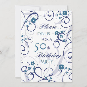 Blue Swirls 50th Birthday Party Invitation Card