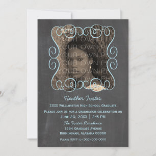Blue Swirls Chalkboard Photo Graduation Invite