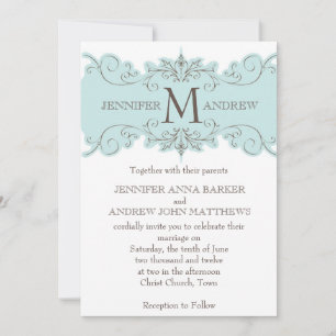 Blue Swirls Monogram Wedding Invitations