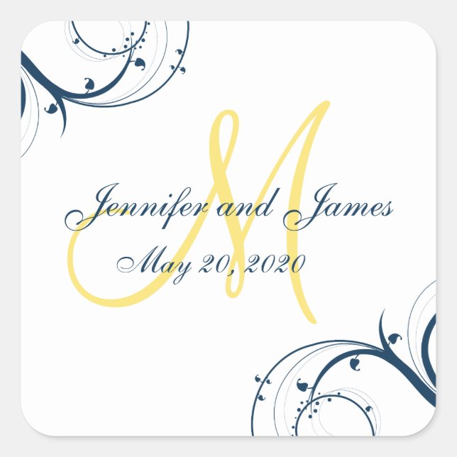 Blue Swirls Yellow Monogram Wedding Square Sticker (Front)
