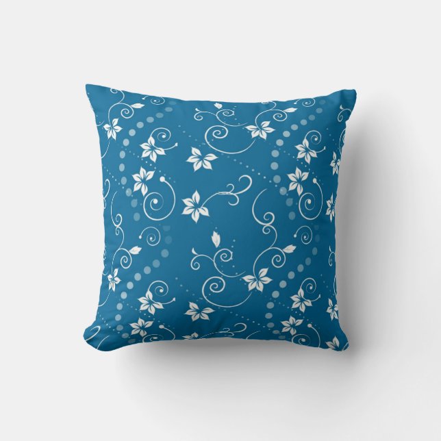 Blue Swirly Flowers Throw PIllow (Front)
