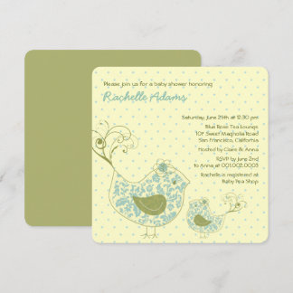 Blue Swirly Mum & Baby Bird Baby Shower Invitation