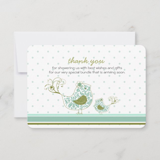 Blue Swirly Mum & Baby Bird Chic Thank You Card (Front)