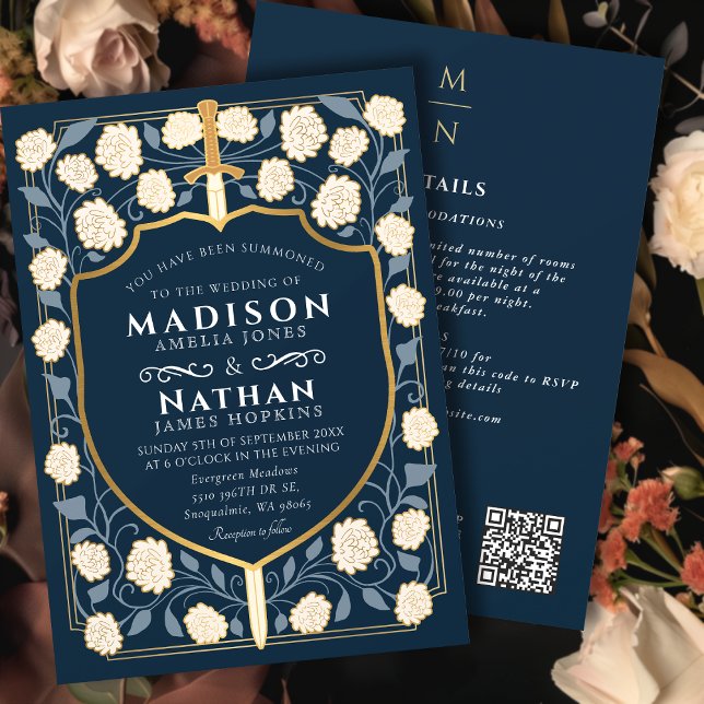 Blue Sword Shield Fantasy Wedding QR Code Invitation (Creator Uploaded)