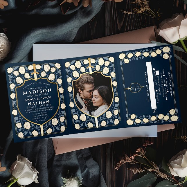Blue Sword & Shield Mediaeval Fantasy Wedding Tri-Fold Invitation (Creator Uploaded)
