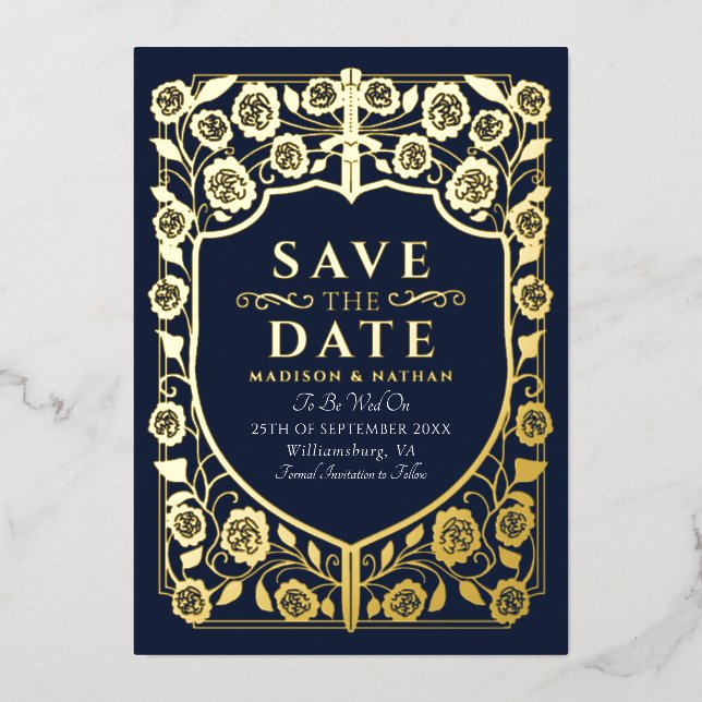 Blue Sword Shield Mediaeval Monogram Save the Date (Front)
