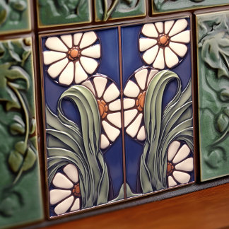 Blue Symmetrical Marguerite Daisies Artistic Tile