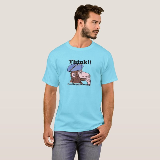 Blue T-shirt with a revolutionary thinking monkey (Front Full)