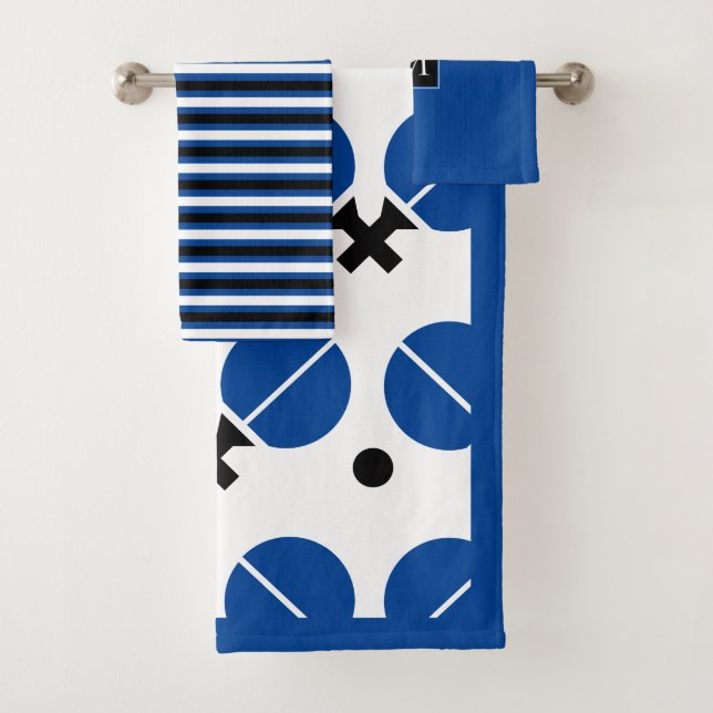 Blue table tennis rackets and ball monogram bath towel set (Insitu)