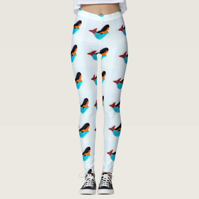 blue-tail brunette mermaids white leggings (Front)