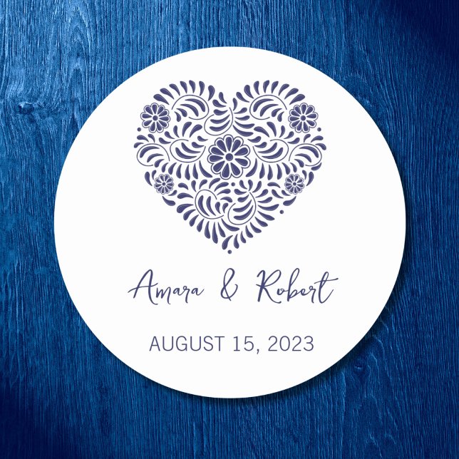 Blue Talavera Heart Classic Round Sticker (Creator Uploaded)