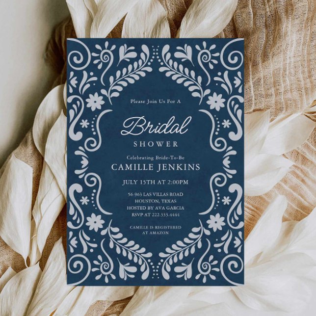 Blue Talavera Mexican Bridal Shower Invitation (Blue Papel Picado Mexican Bridal Shower Invitation)