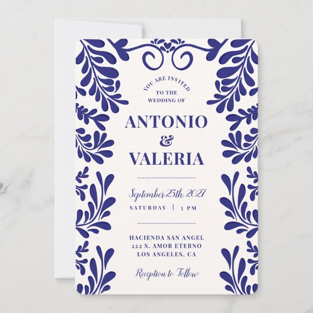 Blue Talavera Mexican Hacienda Wedding Invitation (Front)