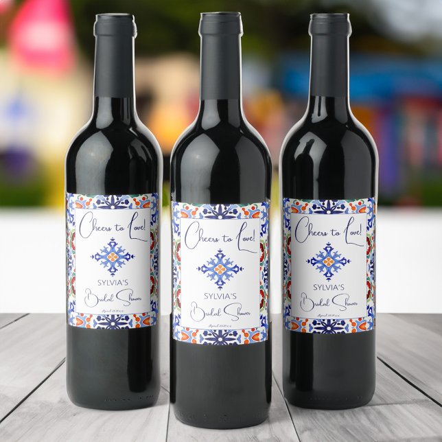 Blue talavera Mexican tiles printed template  Wine Label (Blue talavera Mexican tiles Spanish bridal shower printed template Wine Label personalized tableware)