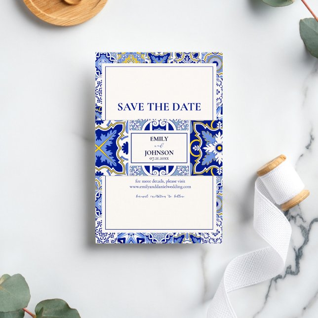 Blue Talavera Modern Spanish Mexican Wedding Invitation Belly Band (Creator Uploaded)
