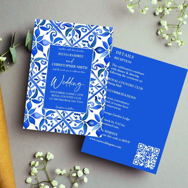 Blue Talavera Spanish tiles all in one wedding Invitation (Blue Azulejo Talavera vintage Spanish tiles all in one wedding Invitation template instant download)
