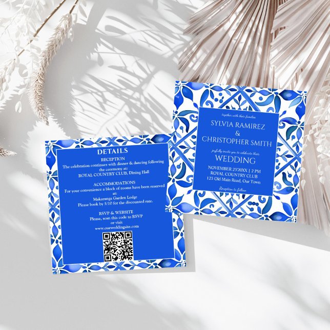 Blue Talavera Spanish tiles all in one wedding Invitation (Blue vintage Talavera Azulejo Spanish Mexican  tiles all in one wedding Invitation template)