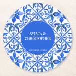 Blue Talavera Spanish tiles monogram wedding favou Round Paper Coaster<br><div class="desc">Blue Azulejo Talavera Spanish Mexican tiles elegant wedding favours monogram personalised printed coasters,  vibrant bold colours wedding reception personalised decor wedding favour gifts wedding coasters</div>