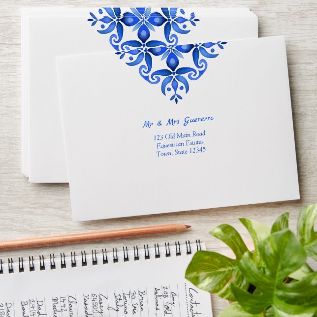 Blue Talavera Spanish tiles wedding addressed Envelope (Stacked)