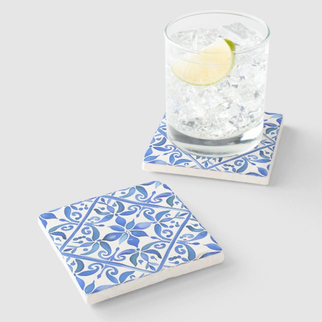 Blue Talavera Spanish tiles wedding favours Stone Coaster (Side)