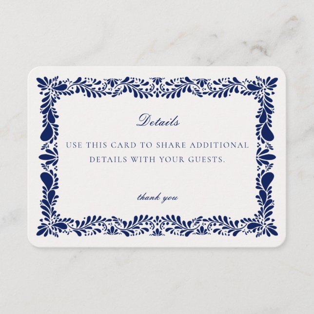 Blue Talavera Tile  Details Card Invitation Insert (Front)