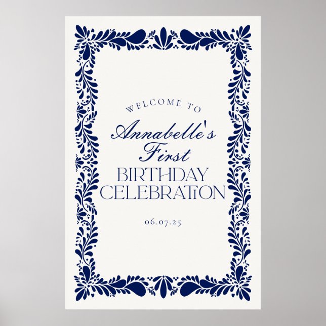 Blue Talavera Tile Fiesta Birthday Party Welcome Poster (Front)