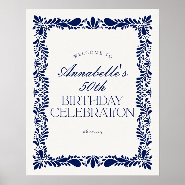 Blue Talavera Tile Fiesta Birthday Party Welcome Poster (Front)