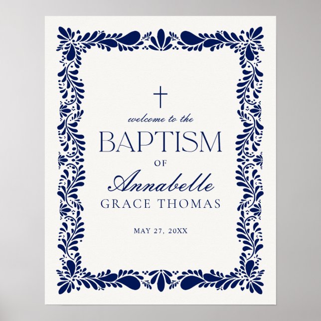 Blue Talavera Tile Spanish Fiesta Baptism Welcome Poster (Front)