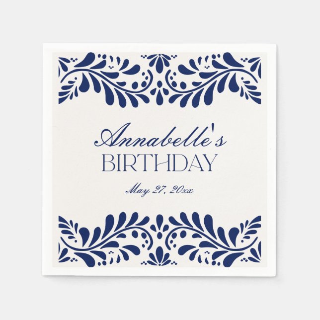 Blue Talavera Tile Spanish Fiesta Birthday Napkin (Front)