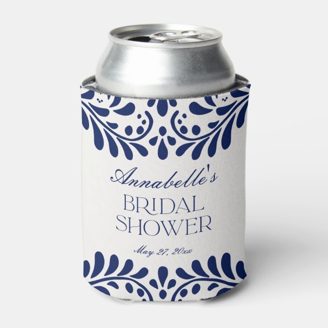 Blue Talavera Tile Spanish Fiesta Bridal Shower Can Cooler (Can Front)