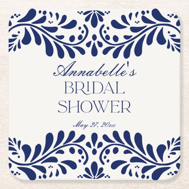 Blue Talavera Tile Spanish Fiesta Bridal Shower Square Paper Coaster (Front)