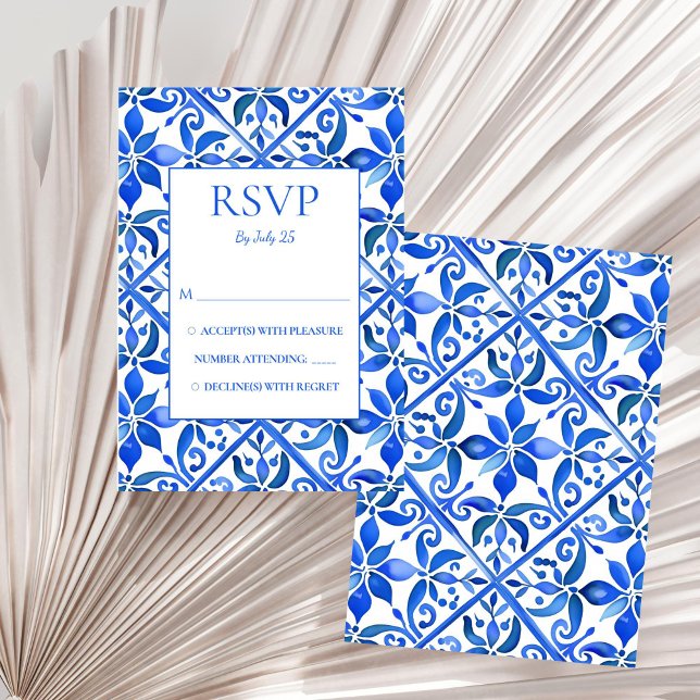 Blue Talavera tiles vintage Mexican wedding RSVP Card (Blue Talavera tiles vintage Mexican wedding RSVP Card Mediterranean Spanish wedding response cards)