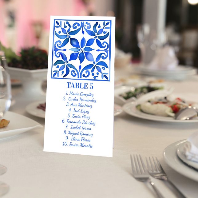 Blue Talavera Vintage Mexican wedding table number (Blue and white Talavera Vintage Mexican wedding table number cards personalized reception decor)