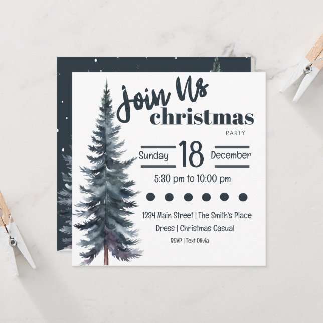 Blue Tall Holiday Pine Tree for Christmas Invitation (Front/Back In Situ)