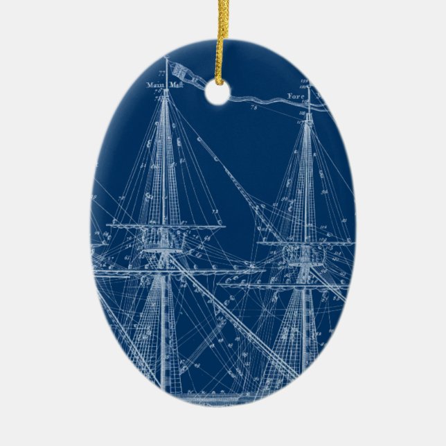 Blue Tall Sailing Ship Blueprint Ceramic Tree Decoration (Front)