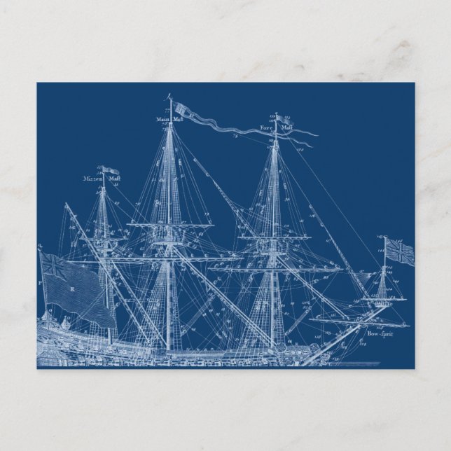 Blue Tall Sailing Ship Blueprint Postcard (Front)