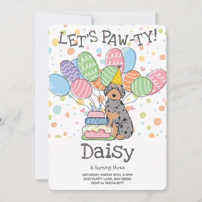 Blue Tan Aussiedoodle Birthday Party Invitation (Front)