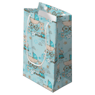 BLUE & TAN BABY BOY PRAM BEAR TRAINS SMALL GIFT BAG