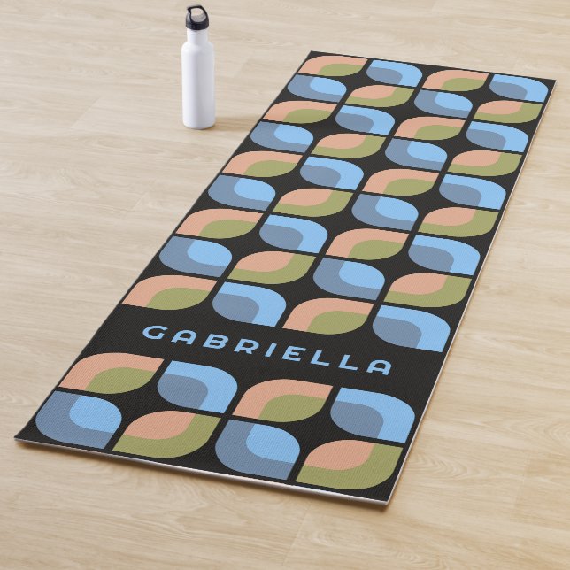 Blue Tan Beige Green Black Midcentury Art Pattern Yoga Mat (In Situ)