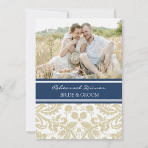 Blue Tan Damask Photo Rehearsal Dinner Party Invitation