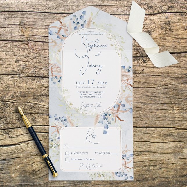 Blue & Tan Dried Boho Flowers Blue No Dinner All In One Invitation (Creator Uploaded)