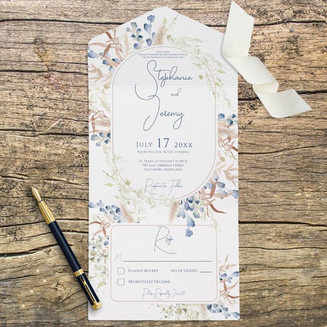 Blue & Tan Dried Boho Flowers White No Dinner All In One Invitation (Creator Uploaded)