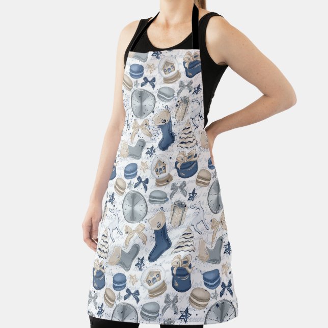 BLUE TAN GOLD WINTER STOCKINGS MACARONS TREES APRON (Insitu)