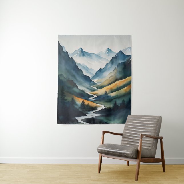 Blue Tan Mountain Scene Tapestry (In Situ)