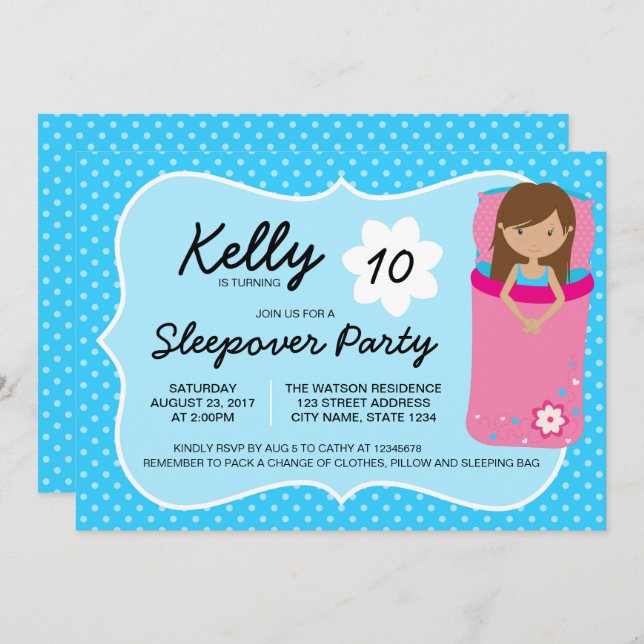 Blue Tan Sleepover Party Birthday Invitation (Front/Back)