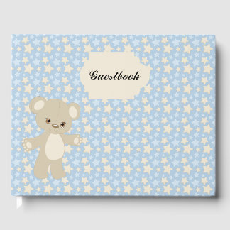 BLUE & TAN STARS & TAN TEDDY BEAR GUEST BOOK